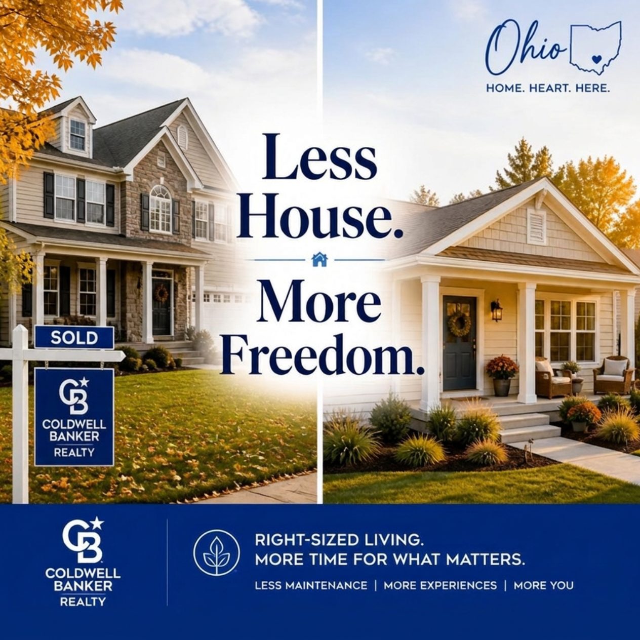 Split image comparing a large traditional home to a smaller low-maintenance home, representing downsizing in Anderson Township, Ohio
