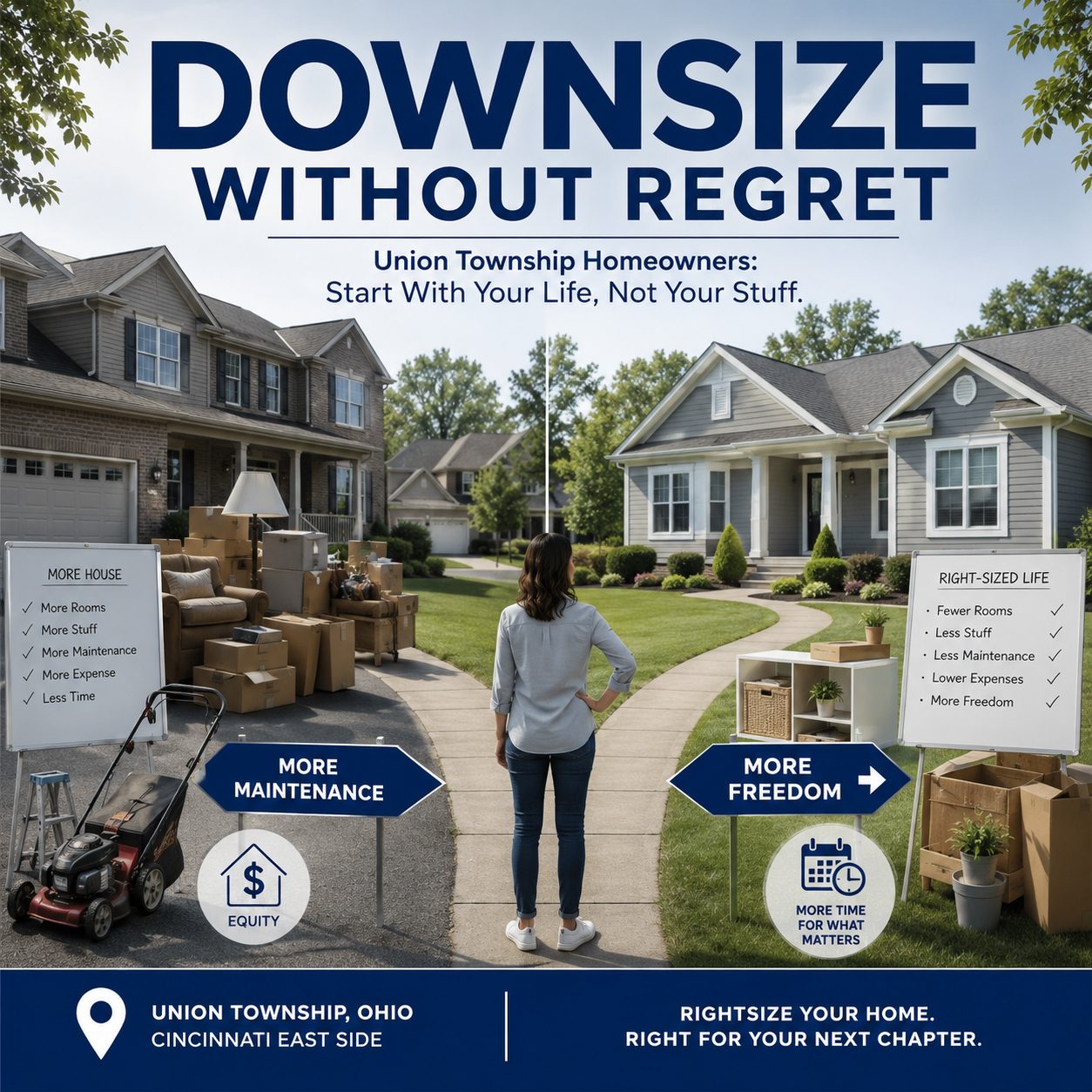 Union Township Ohio homeowner comparing a larger home with a smaller low-maintenance home while planning a downsizing move
