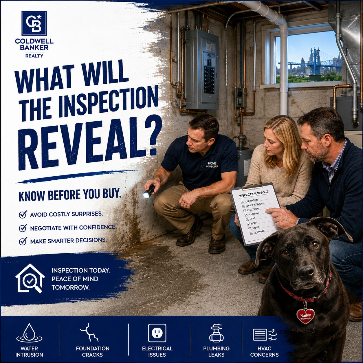 Home inspector reviewing common home inspection issues with a buyer and REALTOR® in a Cincinnati East Side basement