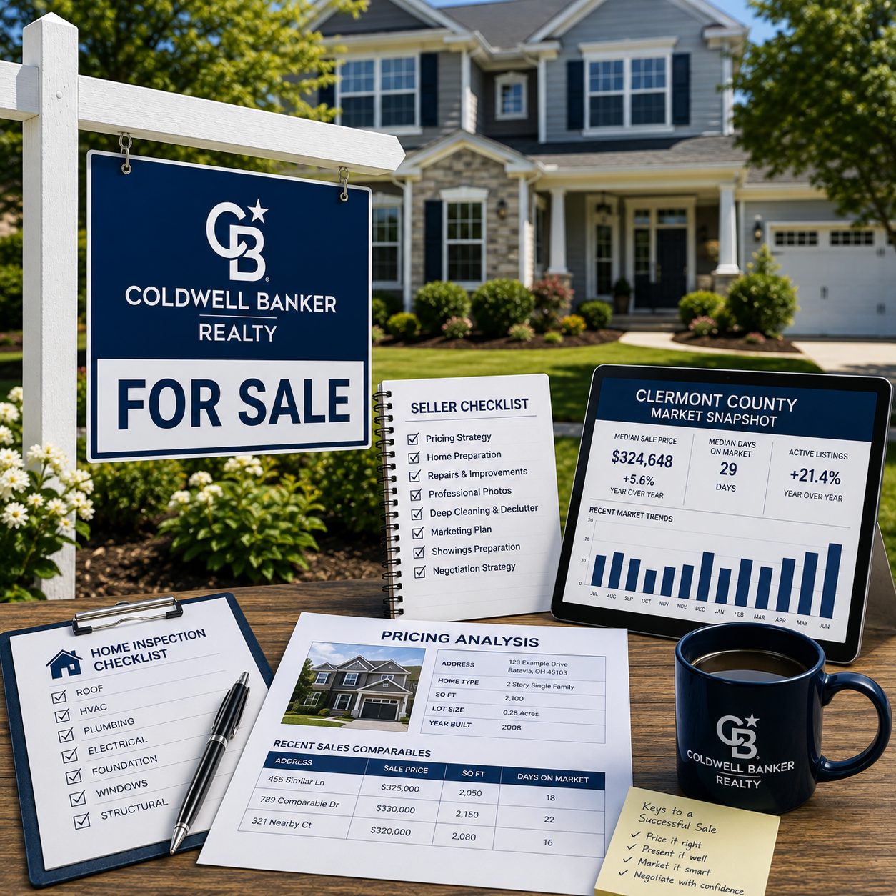 Graphic comparing a correctly priced home listing versus an overpriced listing in Clermont County, Ohio