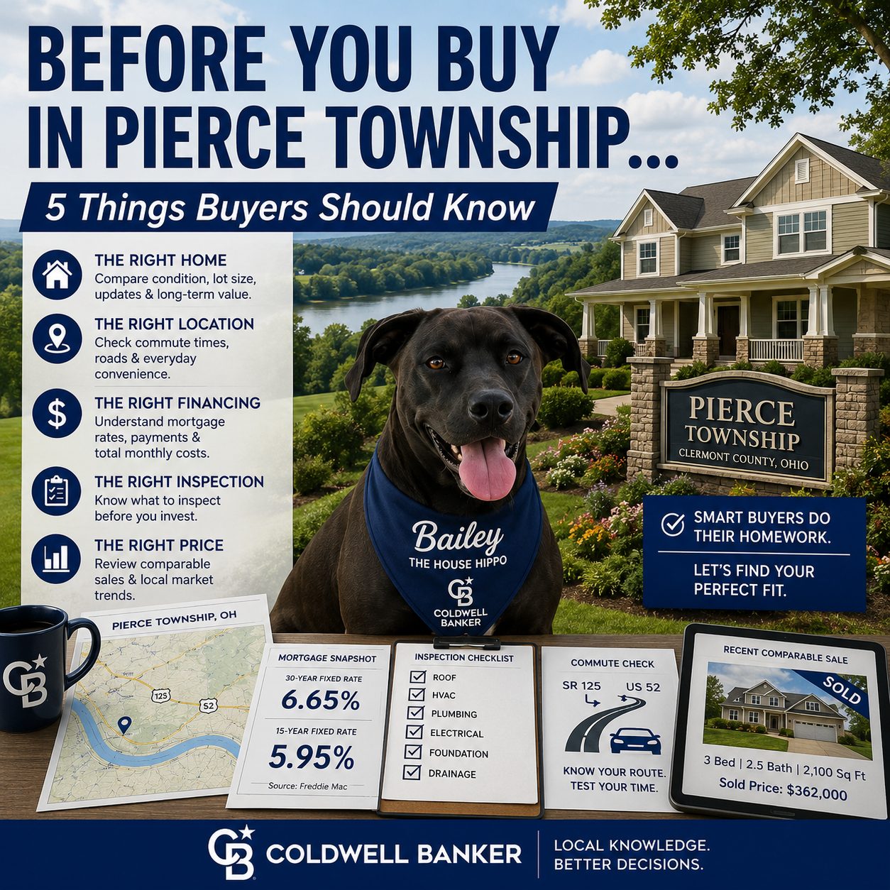 Split-screen comparison of a dated Pierce Township Ohio home listing photo versus its updated potential