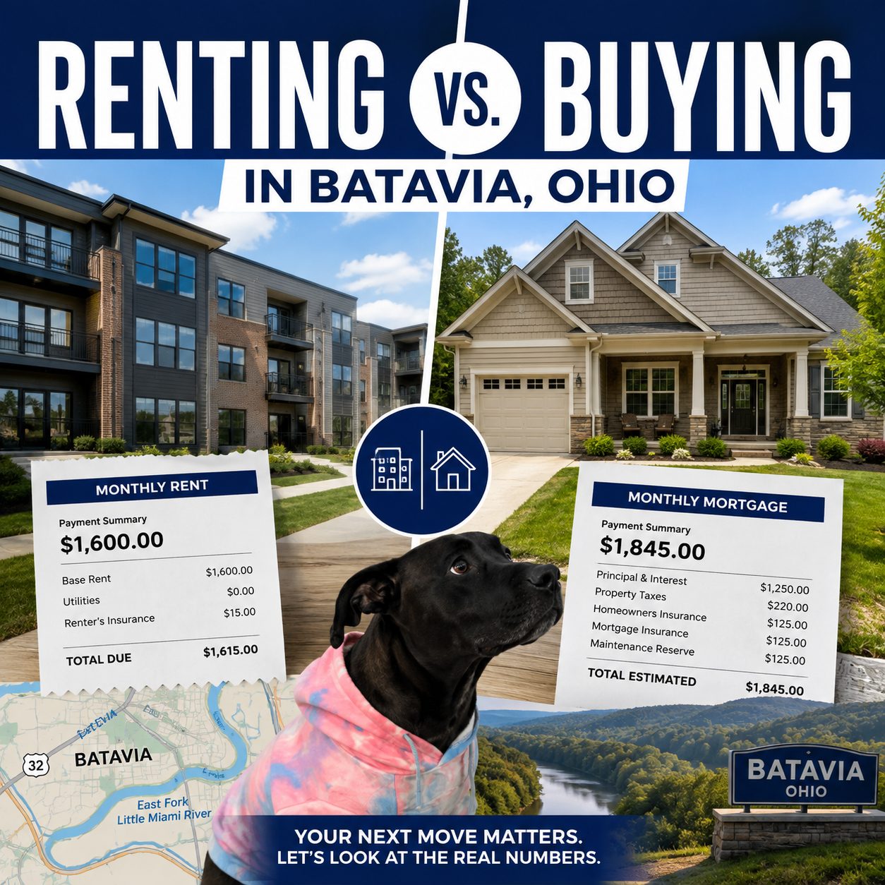 Rent vs buy comparison graphic for homebuyers in Batavia, Ohio