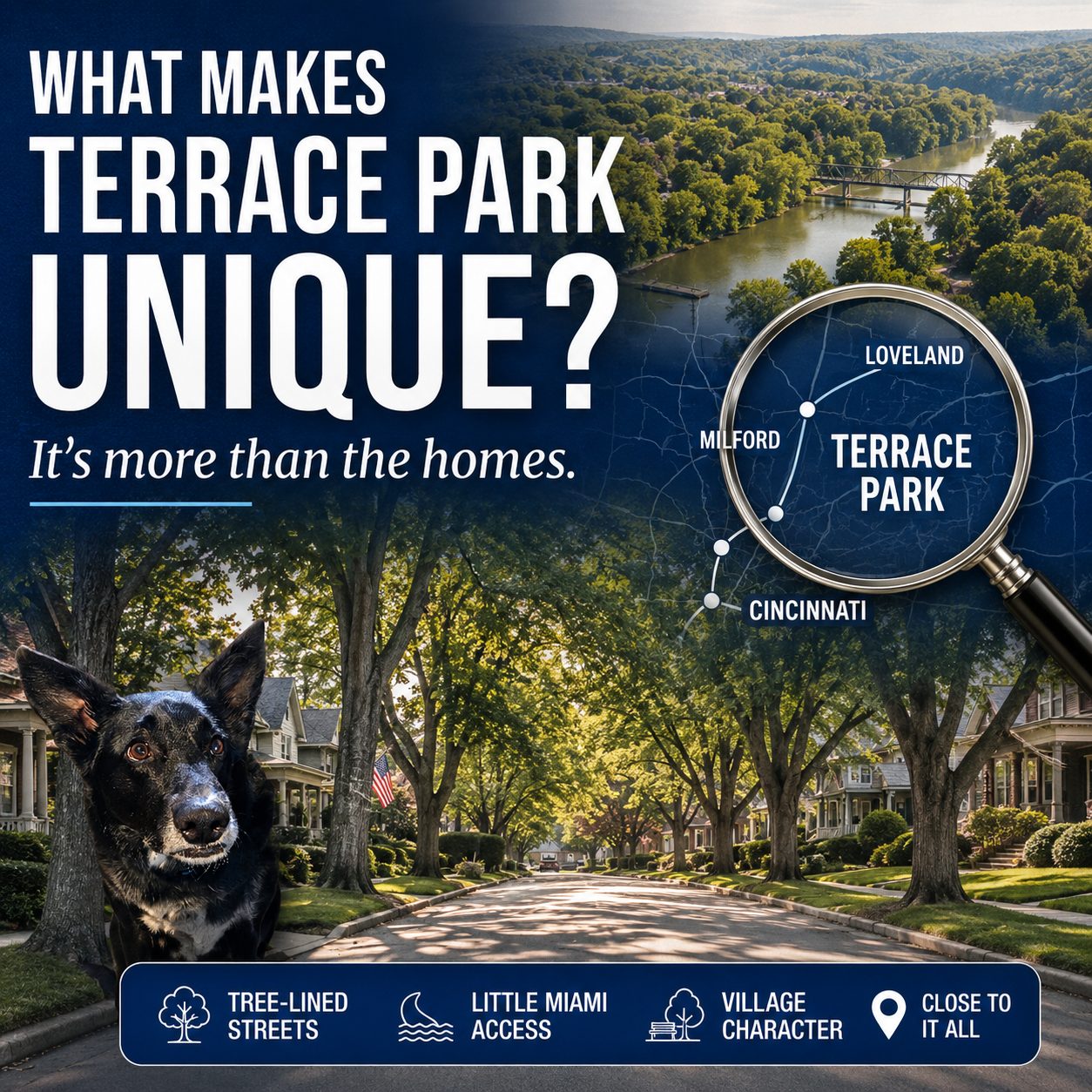 Tree-lined Terrace Park, Ohio street and distinctive homes with a visual reference to the Little Miami area and Cincinnati real estate location.