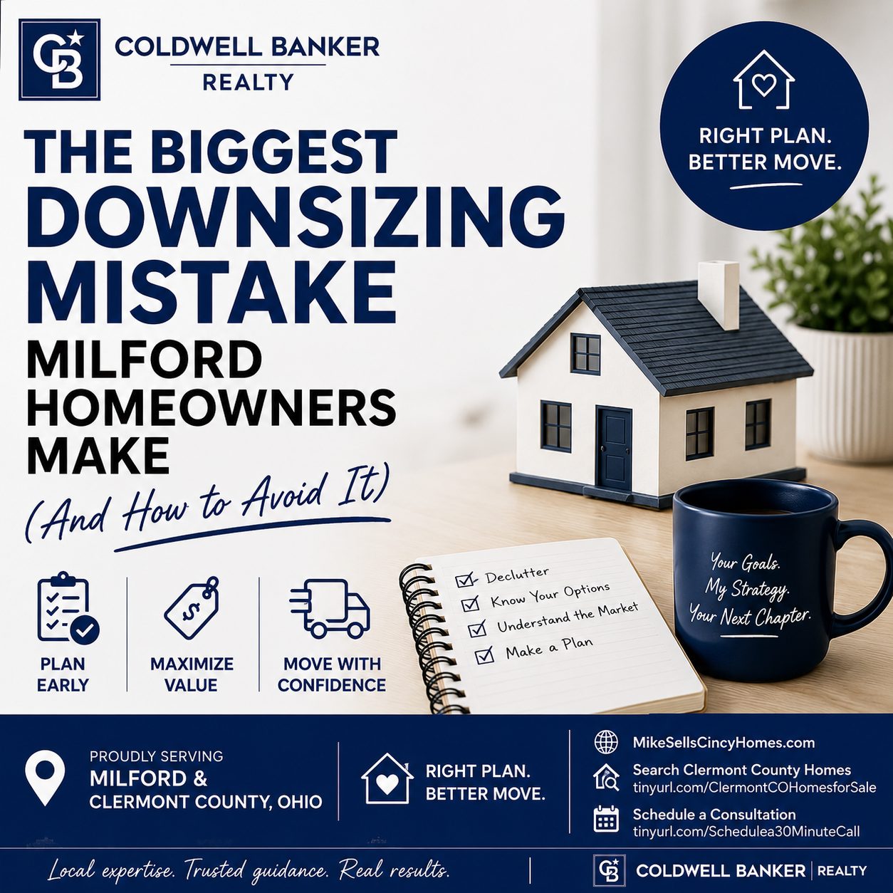 Milford Ohio homeowner comparing cluttered large home to simplified downsized living space