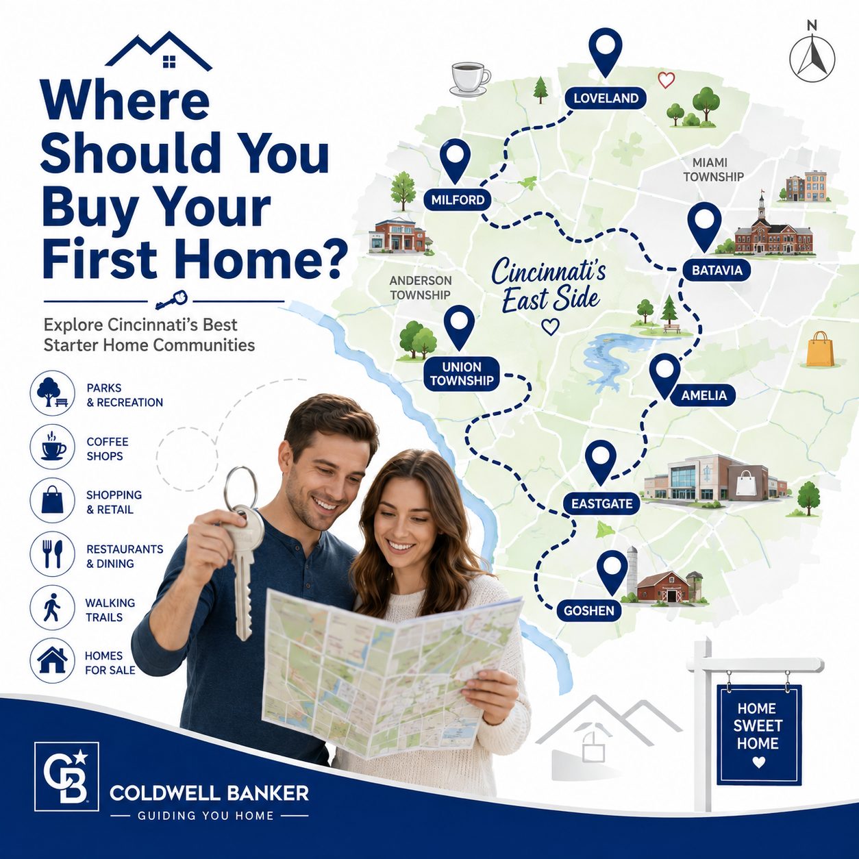 Map of Cincinnati East Side starter home areas including Anderson Township, Milford, Batavia, and Amelia