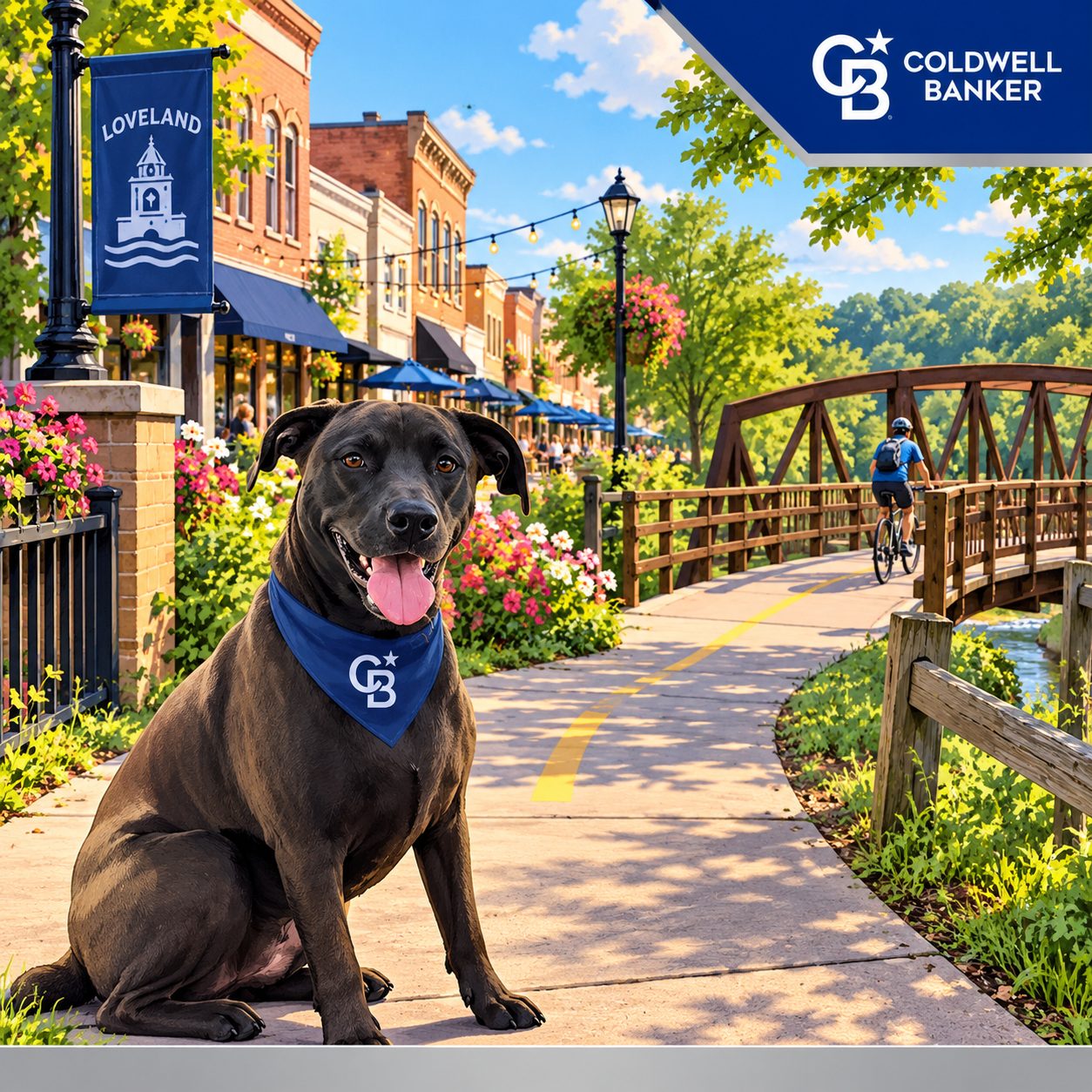 Illustrated scene of downtown Loveland, Ohio with the Little Miami Scenic Trail, Coldwell Banker blue branding, and Bailey the dog mascot, for a blog post about why residents love living in Loveland, Ohio.