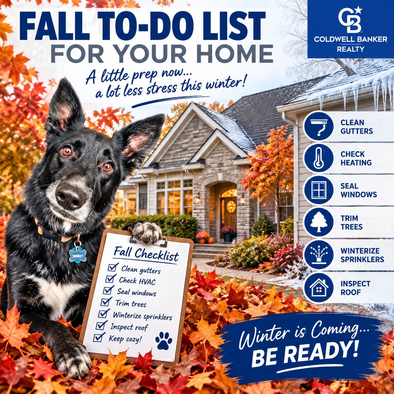 Illustrated Cincinnati home surrounded by fall leaves with a hint of frost near the roofline, Smokey the dog mascot holding a fall home maintenance checklist, Coldwell Banker blue and silver branding
