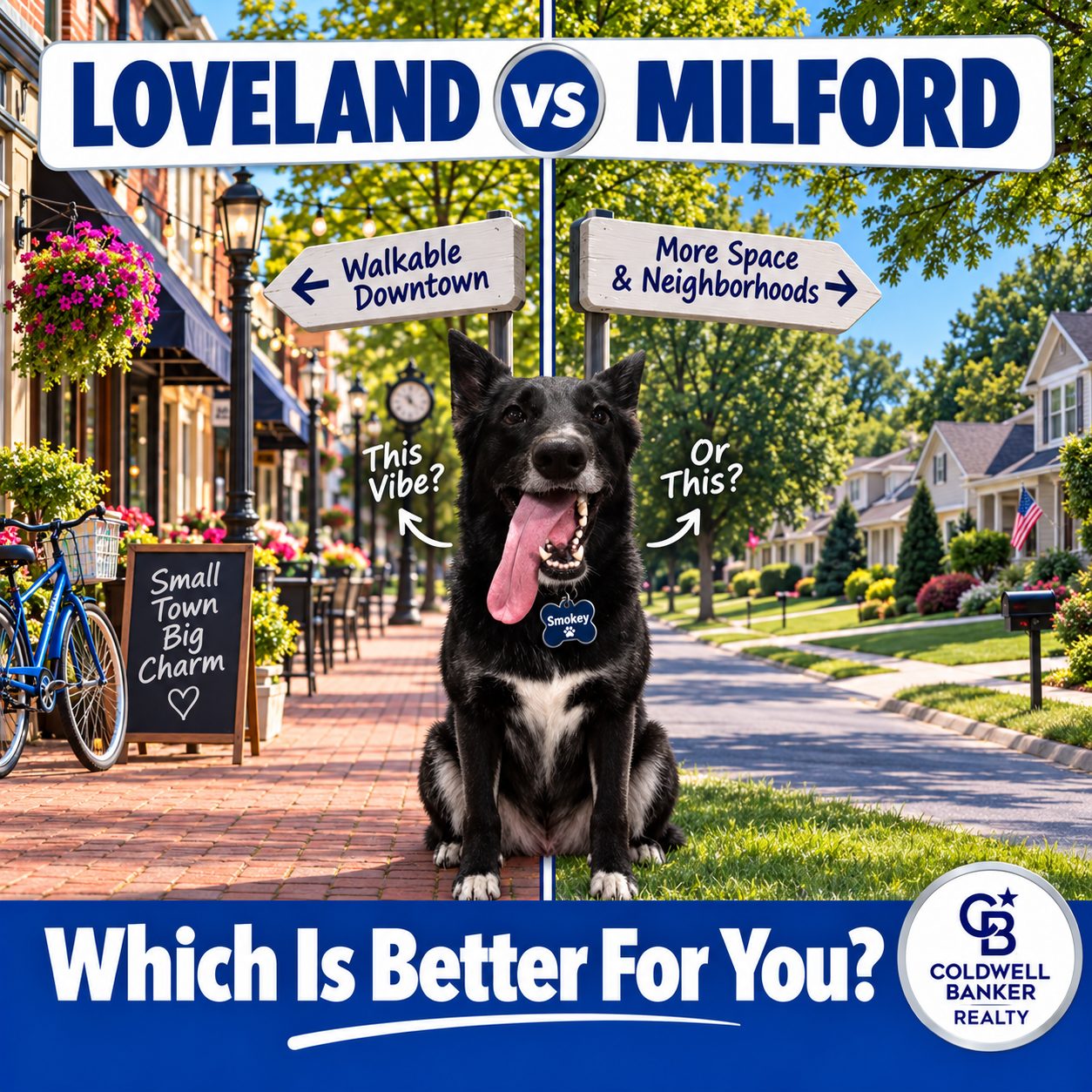 Split-screen graphic comparing Loveland vs Milford Ohio homes for buyers, Coldwell Banker branding with Smokey the dog mascot