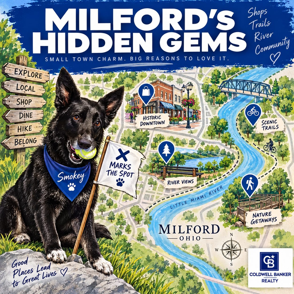 Illustrated hidden-gems map of downtown Milford Ohio with Coldwell Banker branding and Smokey the dog mascot