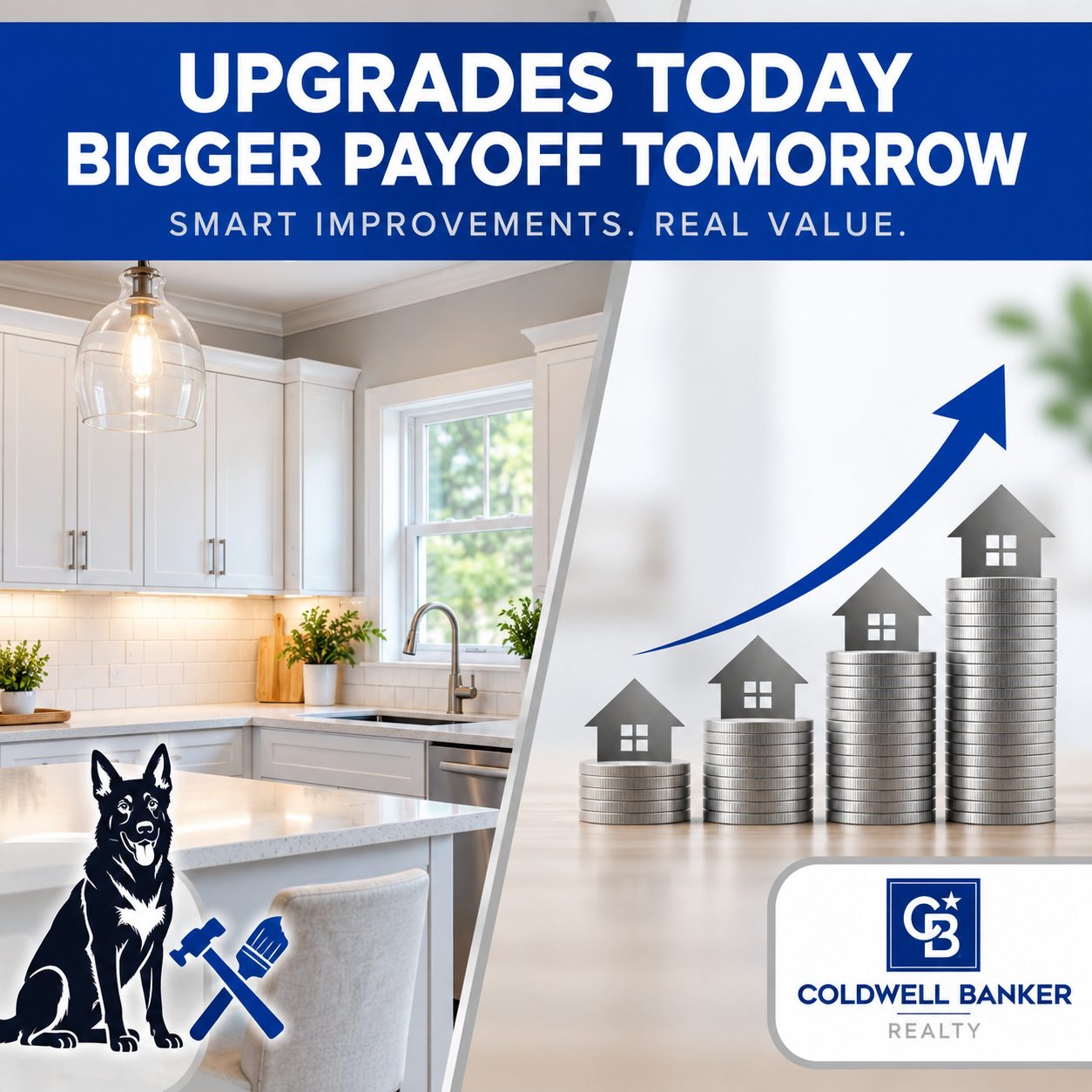 Split-image graphic showing a kitchen update and ROI icon illustrating the best ROI home improvements in Clermont County