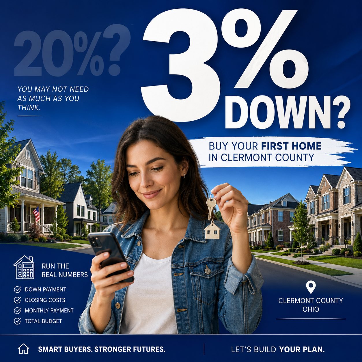 Graphic comparing a 20% down payment to a 3% down payment on a Clermont County, Ohio home purchase
