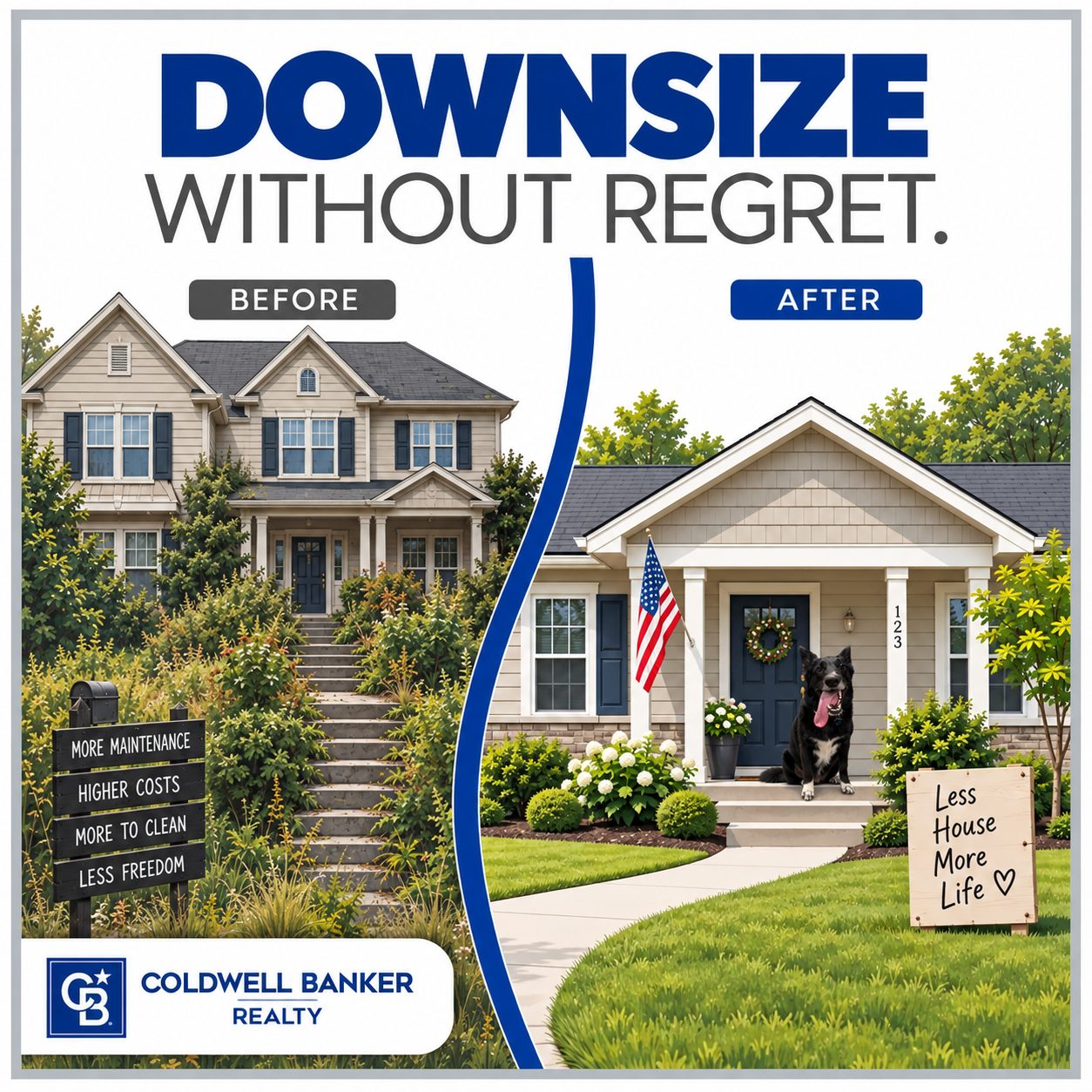 Illustration comparing a large two-story home to a small single-story home, representing downsizing in Union Township, Ohio