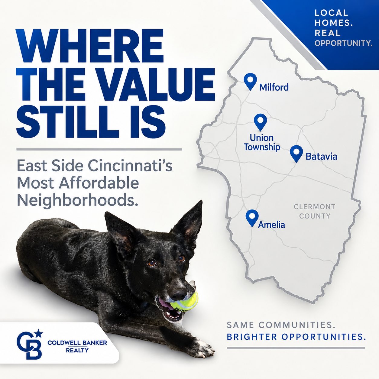 Map graphic highlighting the most affordable neighborhoods on Cincinnati's East Side including Batavia, Amelia, and Milford