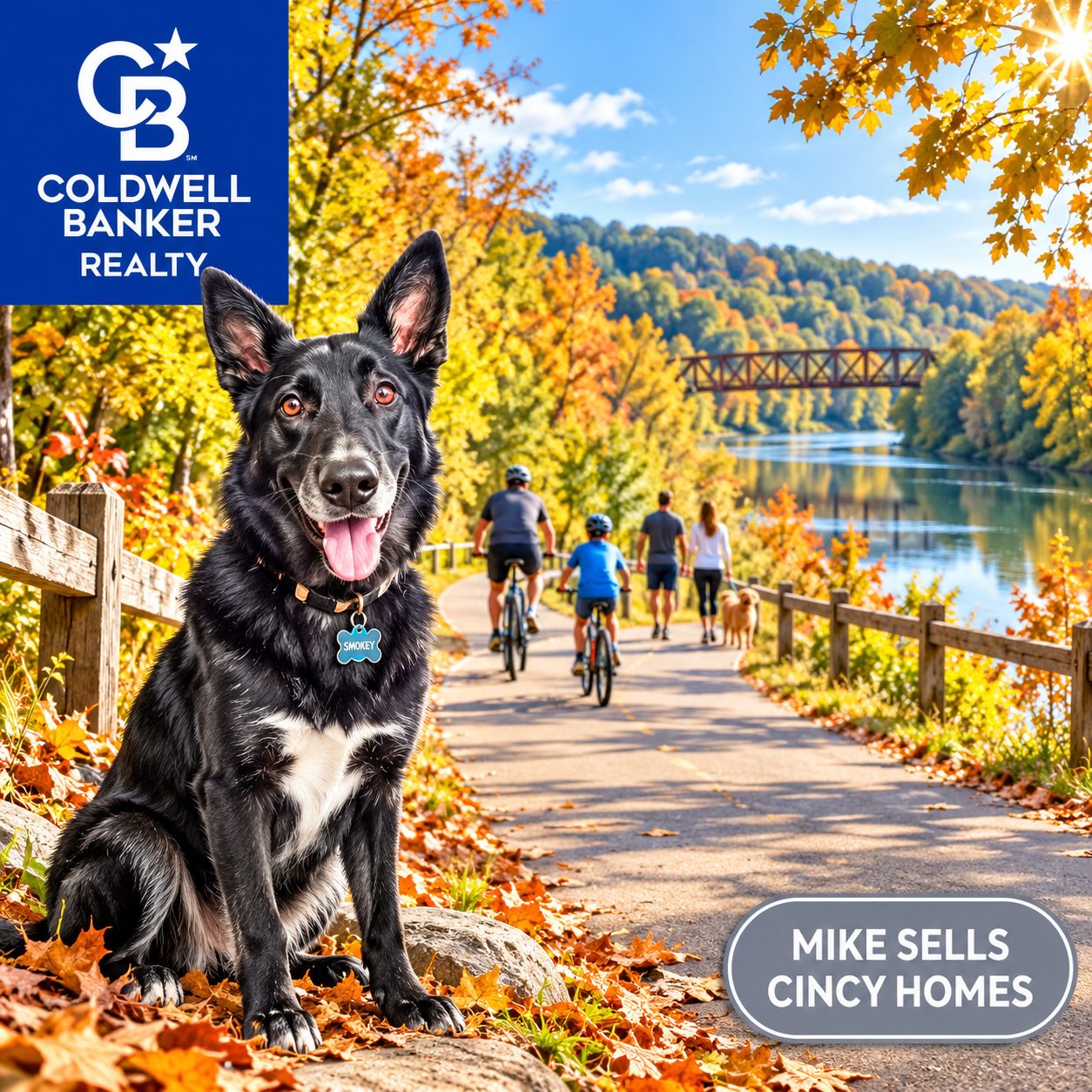 Illustrated bike trail along the Little Miami River representing the best parks on Cincinnati's East Side, with Coldwell Banker branding