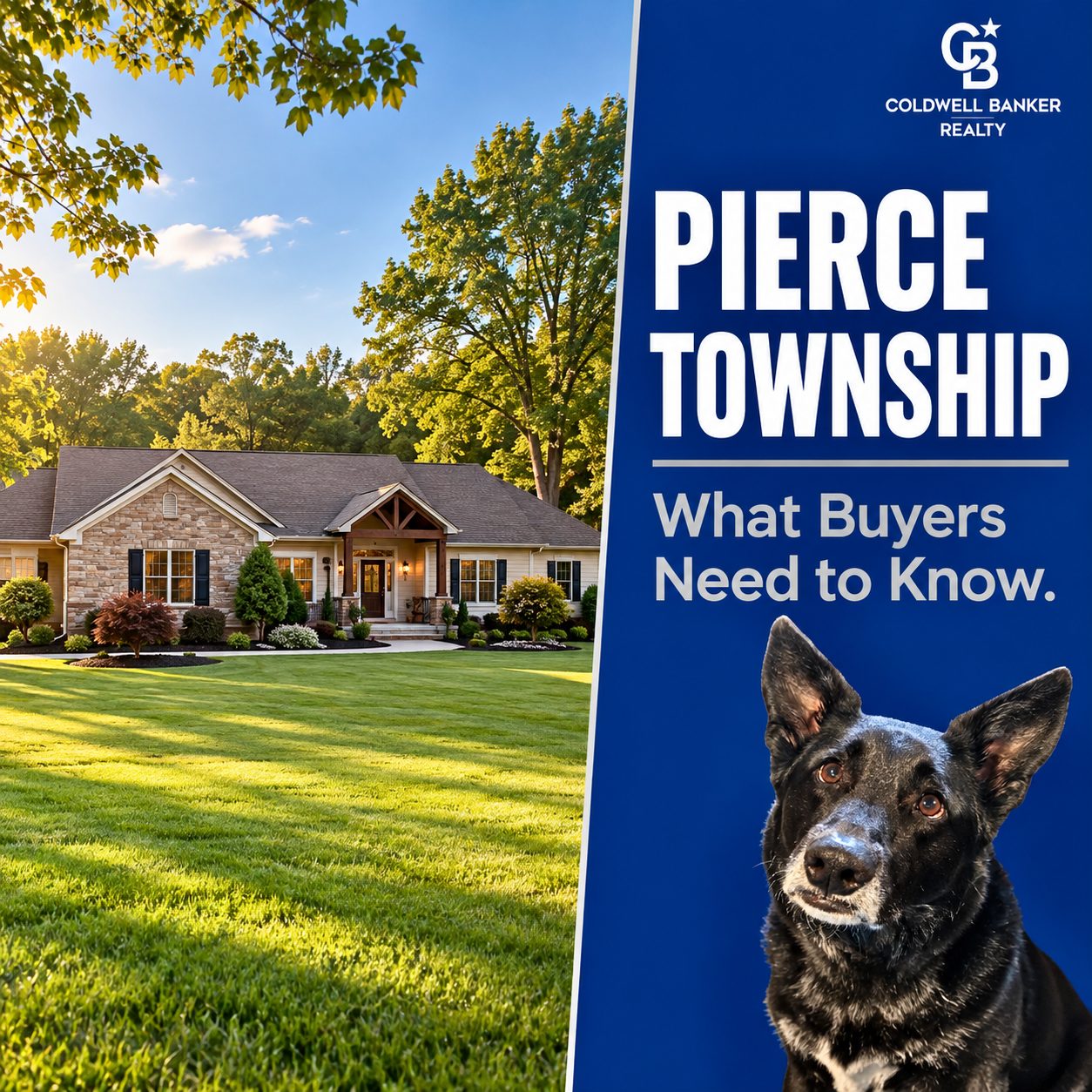 Ranch-style home on a large lot in Pierce Township, Ohio, next to a Coldwell Banker branded buyer's guide graphic