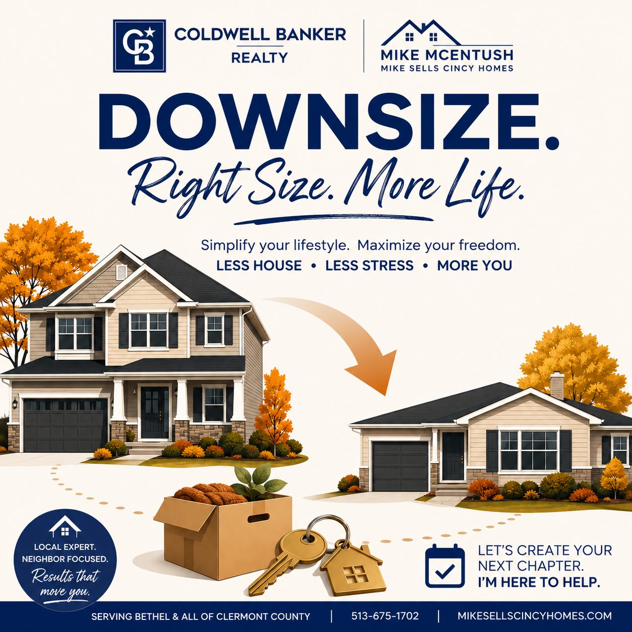 Illustration of a large house shrinking into a smaller, single-story home with moving boxes, representing downsizing in Bethel, Ohio
