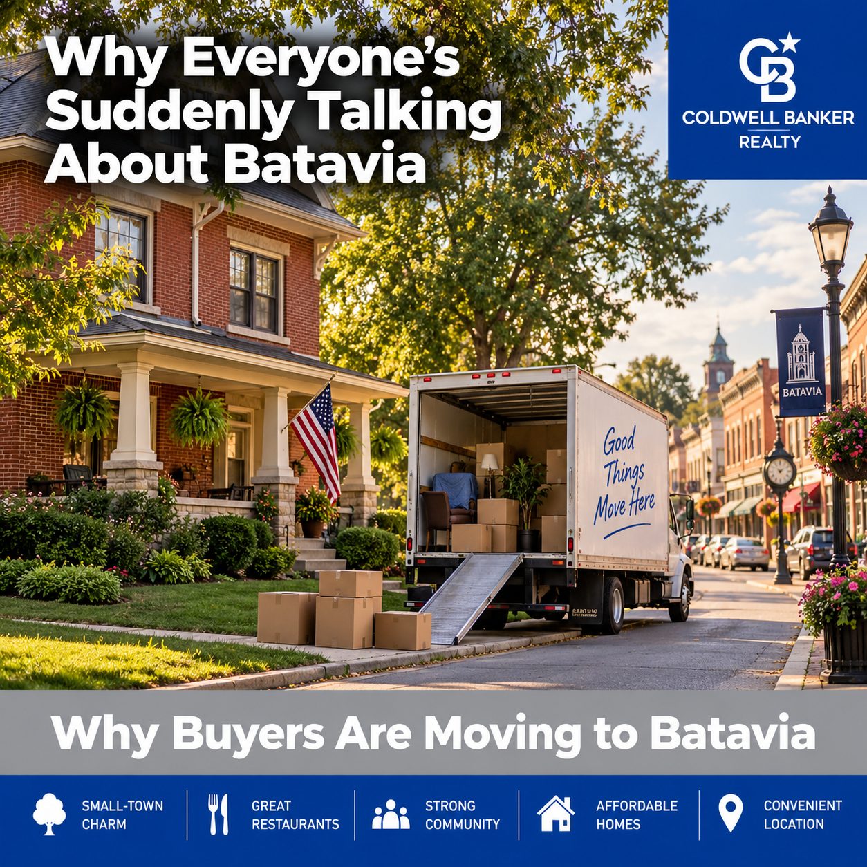 Moving truck in front of a home in Batavia, Ohio illustrating why buyers are moving to Batavia Ohio real estate market