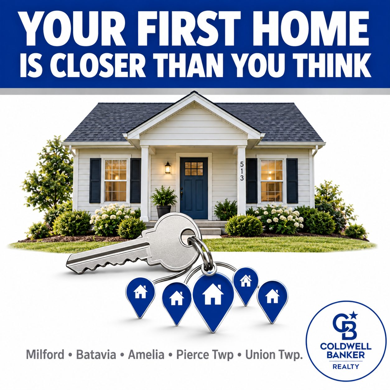Illustration of a starter home with Coldwell Banker branding promoting affordable first-time buyer neighborhoods on Cincinnati's East Side