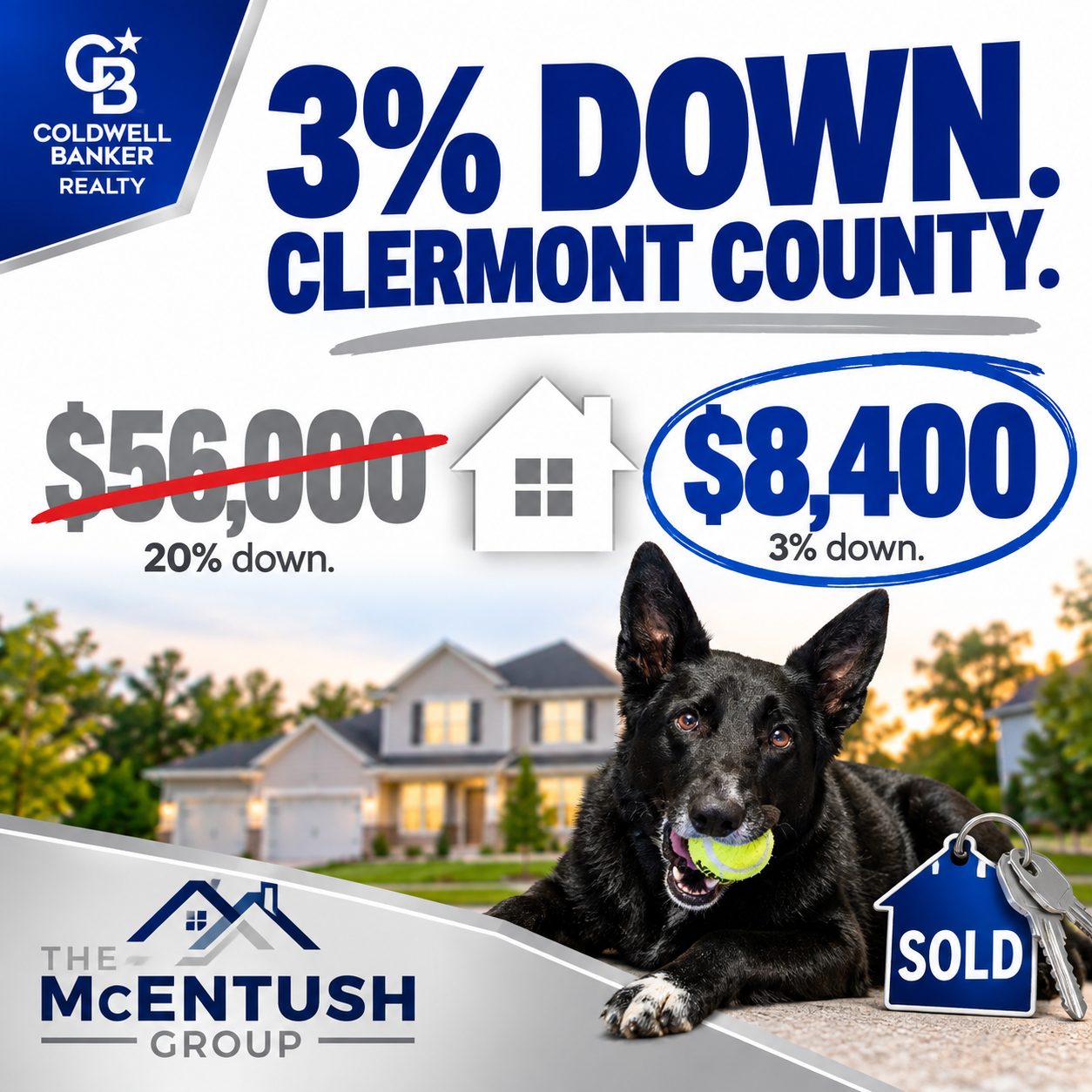 Graphic comparing a 3% down payment to a 20% down payment on a Clermont County, Ohio home, with Coldwell Banker branding.