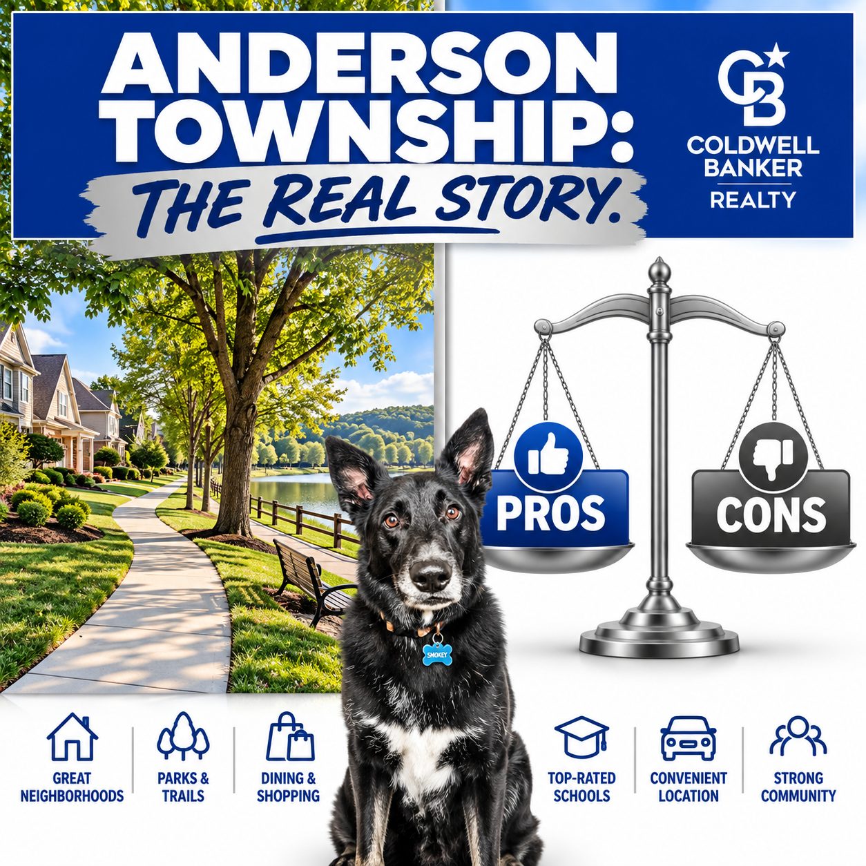 Split graphic weighing the pros and cons of living in Anderson Township, Ohio, with Coldwell Banker branding and Smokey the dog