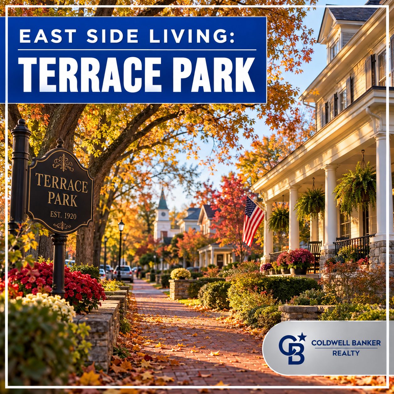 Tree-lined street in Terrace Park, Ohio with a front-porch home, highlighting what makes this East Side Cincinnati village unique