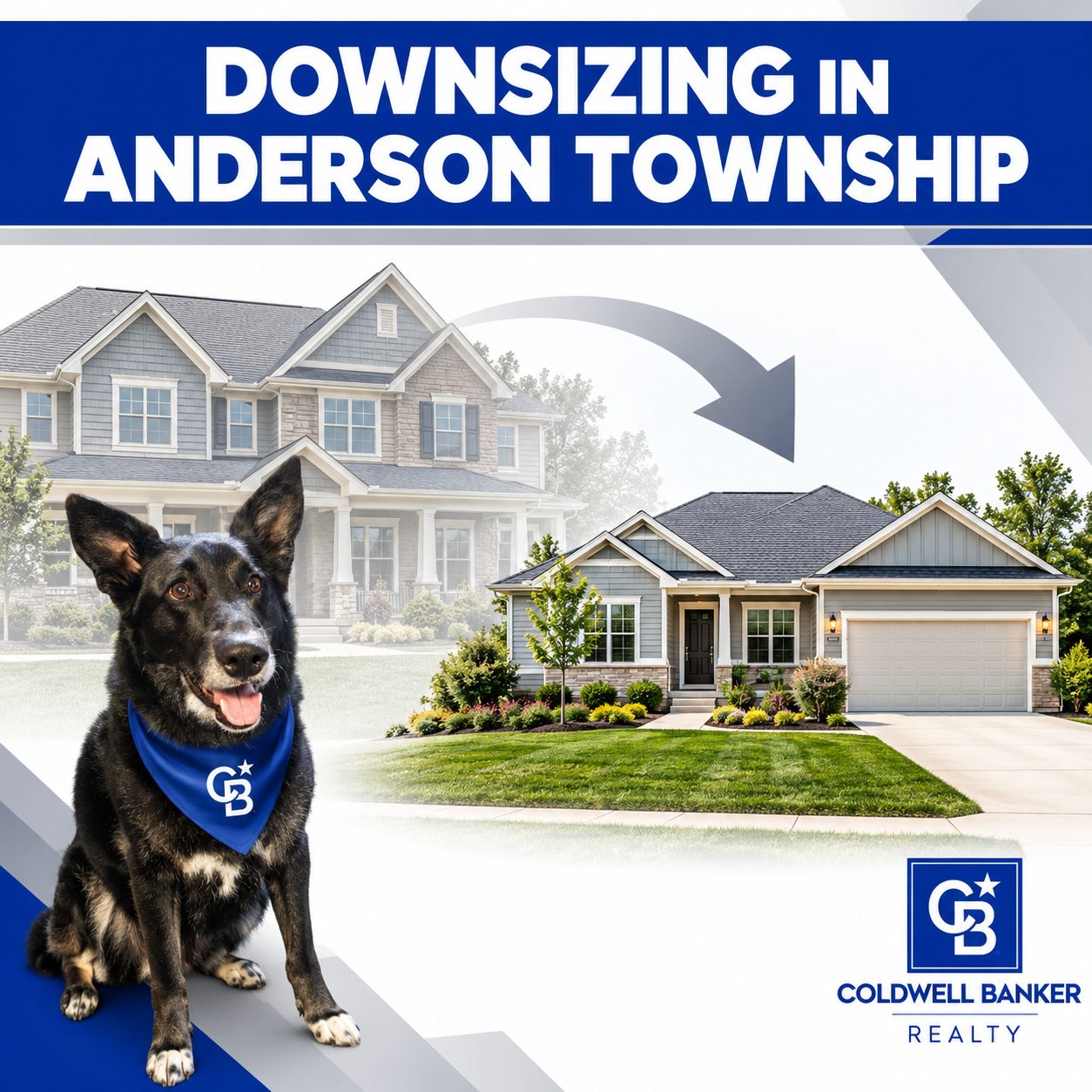 Graphic showing a large home transitioning into a smaller ranch home, illustrating the downsizing trend among Anderson Township homeowners in 2026, with Coldwell Banker branding and Smokey the mascot.
