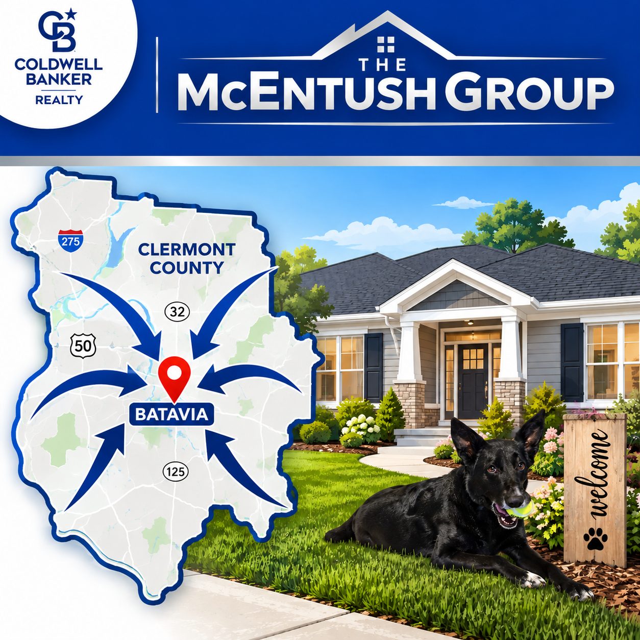 Map graphic showing buyers moving to Batavia, Ohio in Clermont County, with Coldwell Banker branding and Smokey the mascot