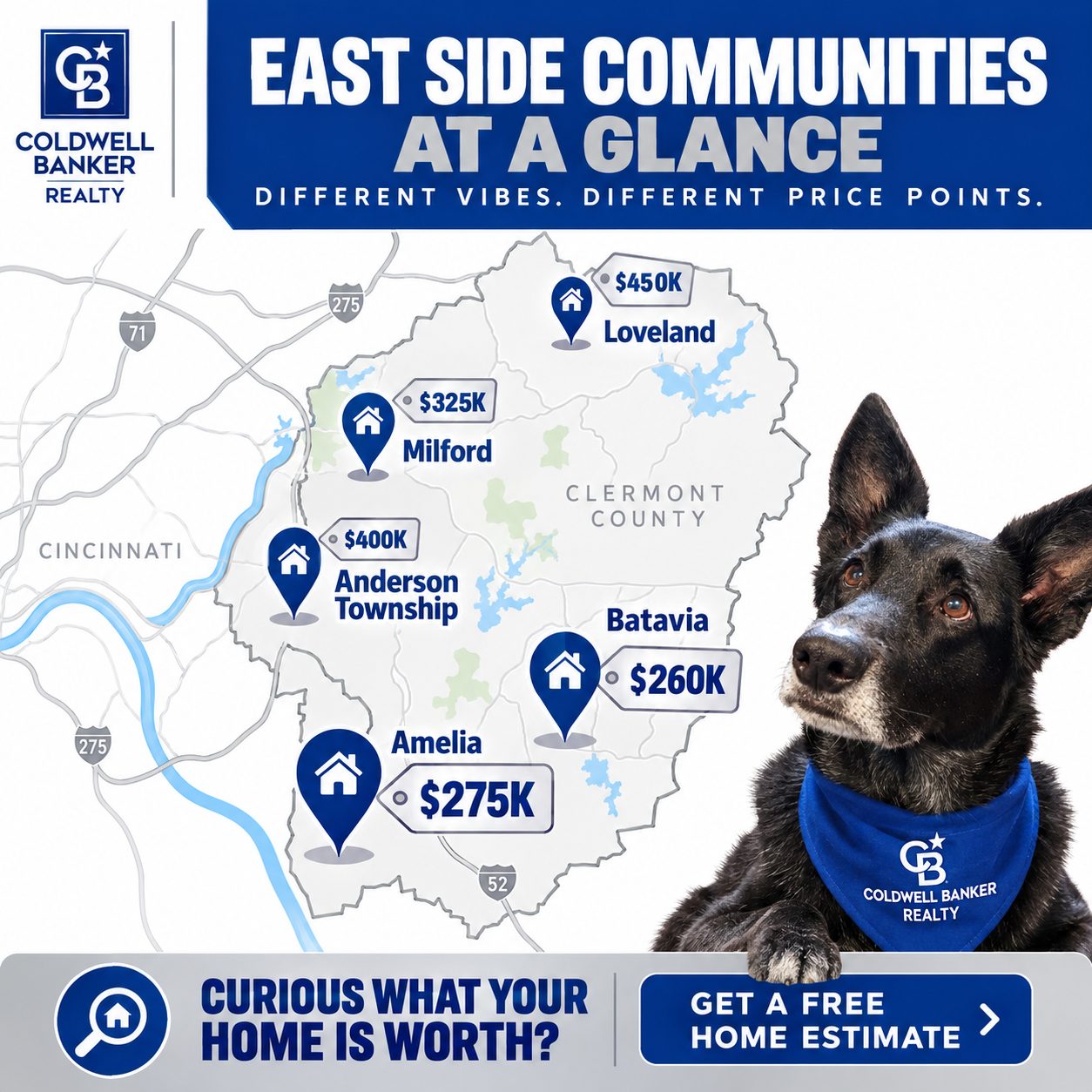 Map graphic of starter home areas on Cincinnati’s East Side for first-time buyers, featuring Coldwell Banker branding and mascot Smokey