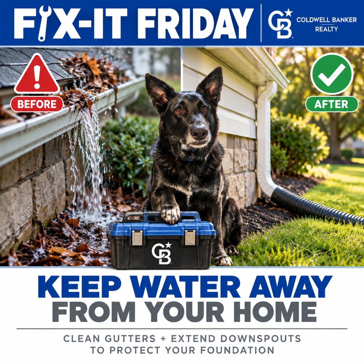 Illustration of a Milford, Ohio home's drainage and foundation maintenance issue before-and-after fix, with Coldwell Banker branding and Smokey the mascot