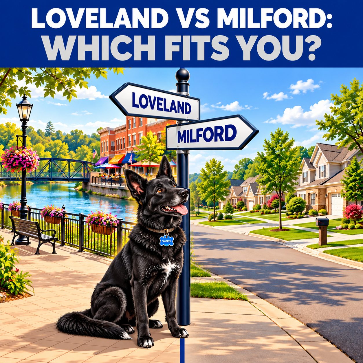 Split-screen illustration comparing Loveland and Milford, Ohio homes for buyers, with Coldwell Banker blue branding and Smokey the dog mascot