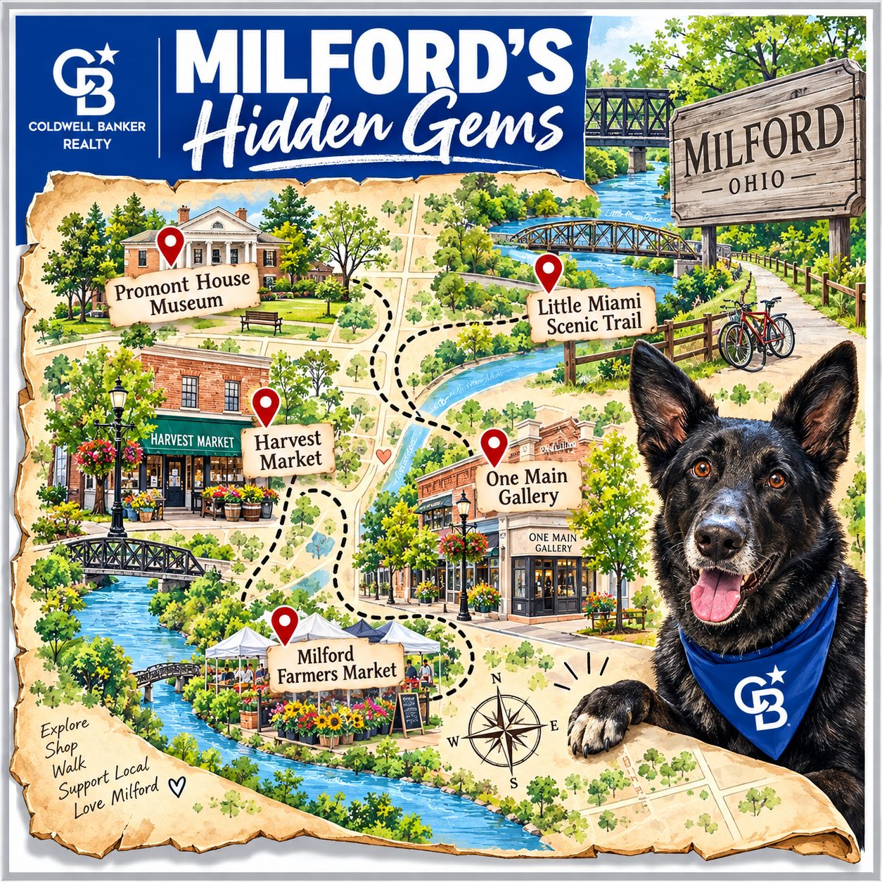 Illustrated map of Milford Ohio hidden gems with Coldwell Banker branding and Smokey the dog