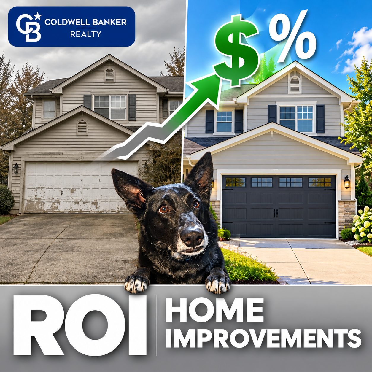 Split-screen graphic showing a before-and-after home exterior illustrating ROI home improvements in Clermont County