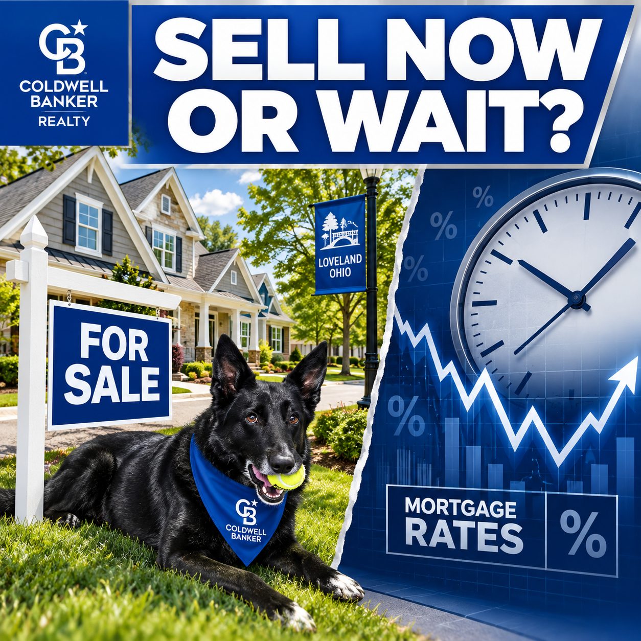 Illustration of a Loveland, Ohio home with a For Sale sign and a mortgage rate graph, Coldwell Banker branding and mascot Smokey, representing the decision to sell before rates change